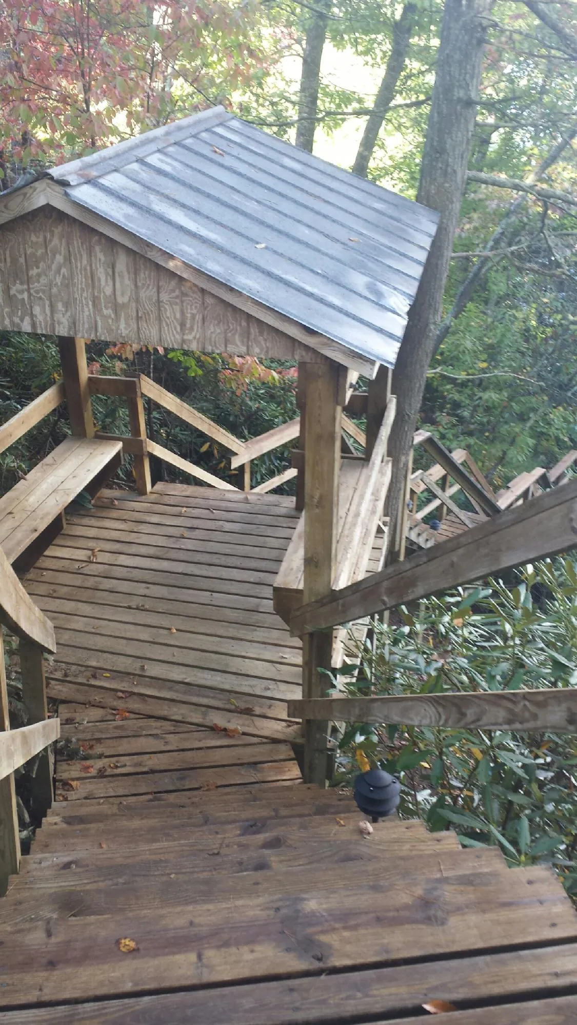 Metal roofed shelter over wooden steps on a wooded walkway — Skylight Repair & Installation work by our crew in Lockport